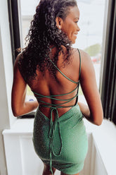 Bodycon Lace-Up Deep V Neck Beaded Satin Homecoming Dress